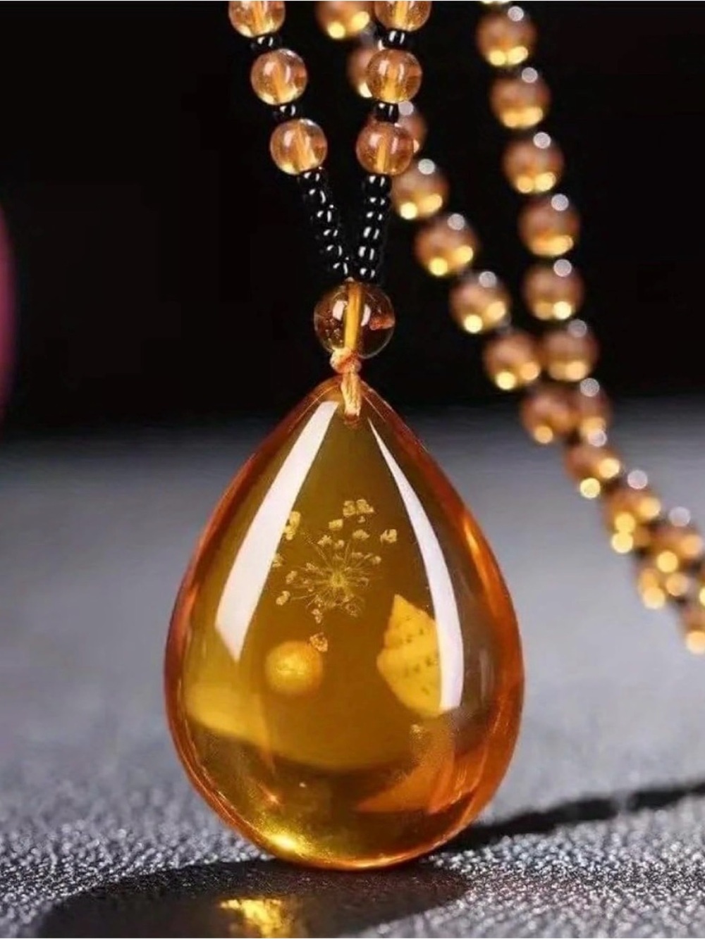 Teardrop Amber Pendant Necklace - Warm Honey Amber.